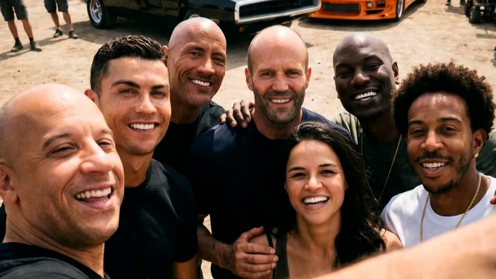 Cristiano Ronaldo com elenco da saga Velocidade Furiosa numa imagem que terá sido, muito provavelmente, criada por IA