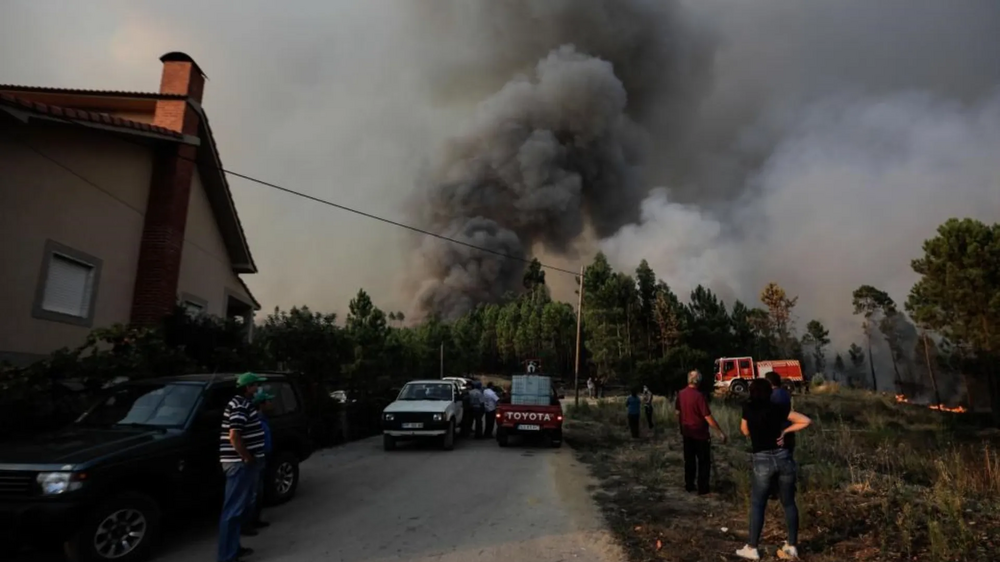 Incêndio em Proença-a-Nova com grande coluna de fumo e bombeiros 
